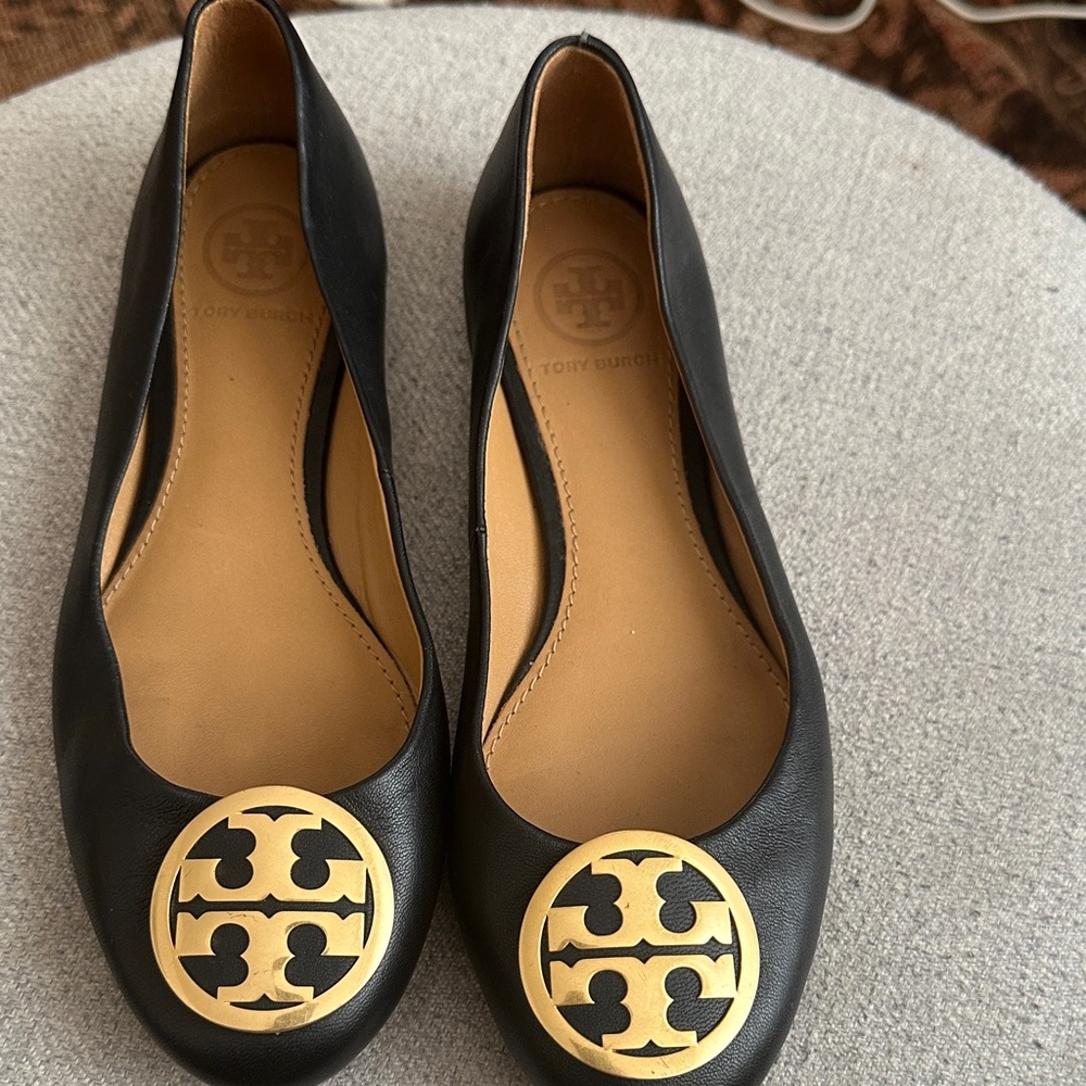 Tory Burch Black Flats with Gold Emblem